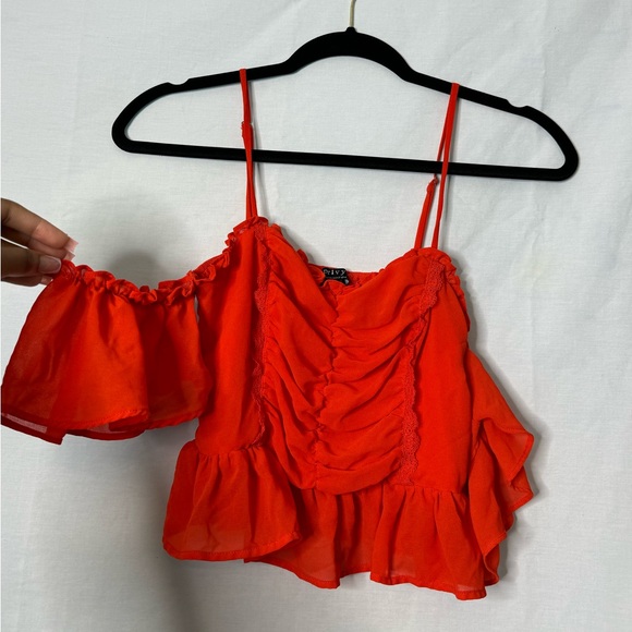 Red Ruffle off shoulder cropped top - Picture 7 of 8